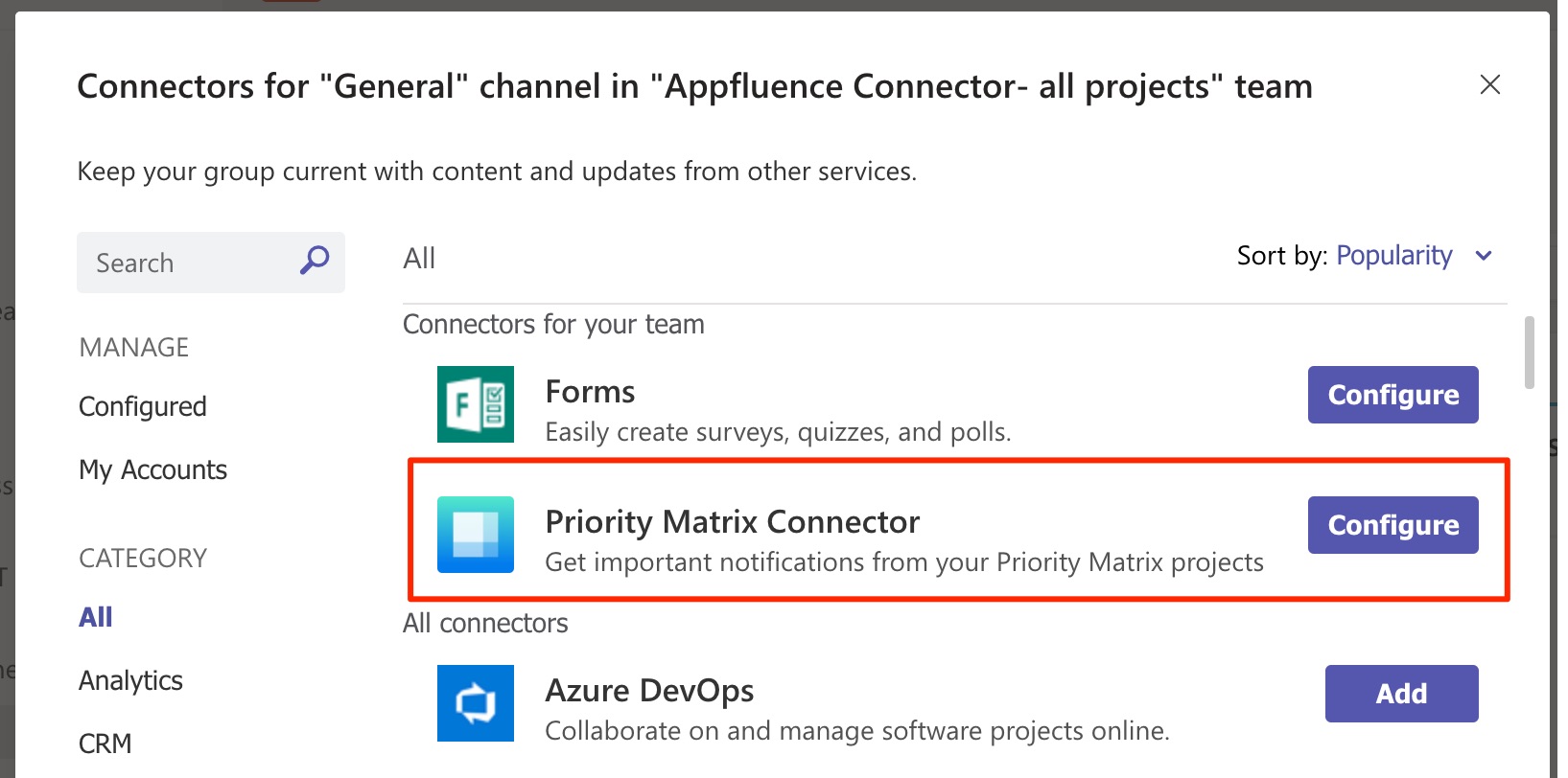 Configure Priority Matrix Connector