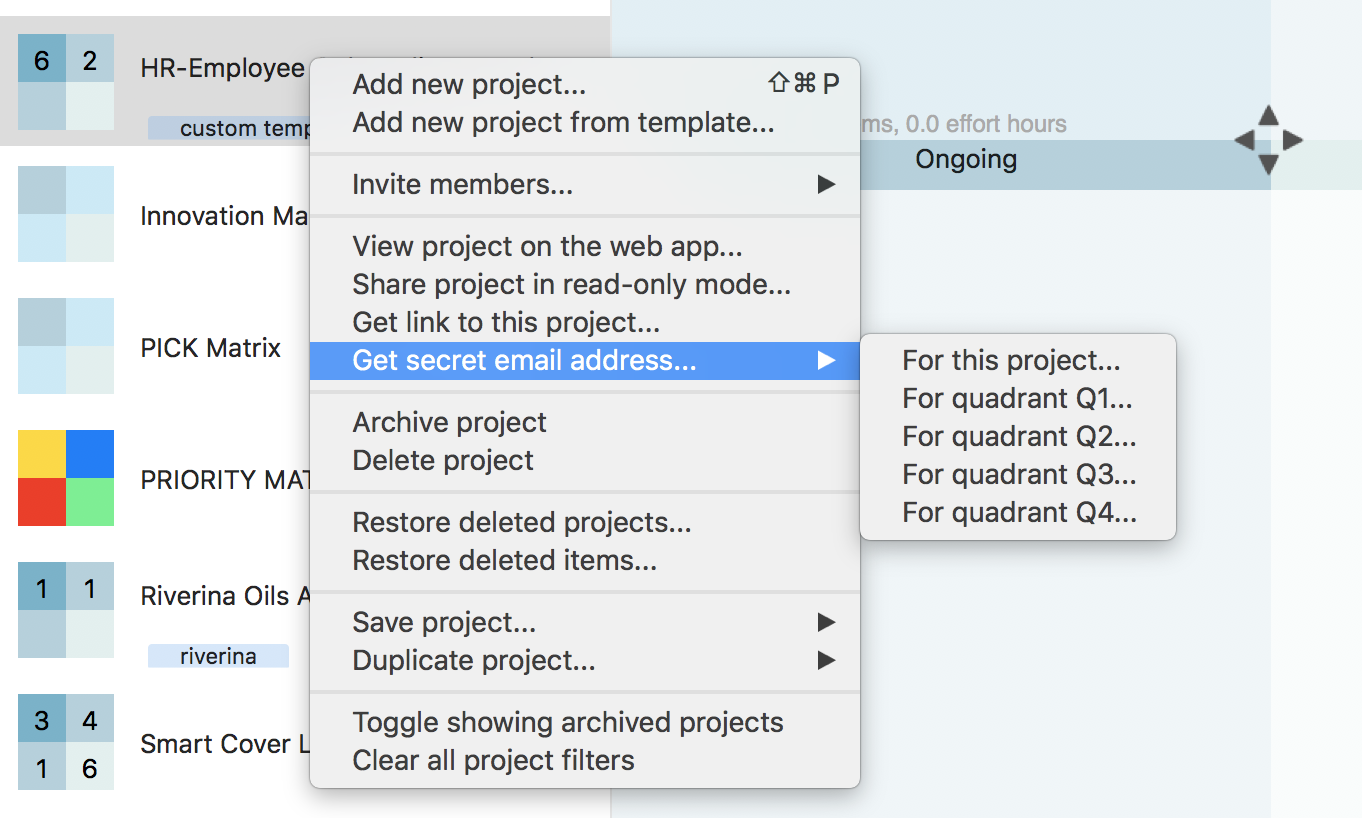 Forward email to project/quadrant 