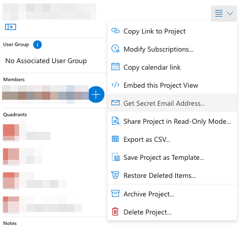 Obtaining the secret email address for a Priority Matrix project