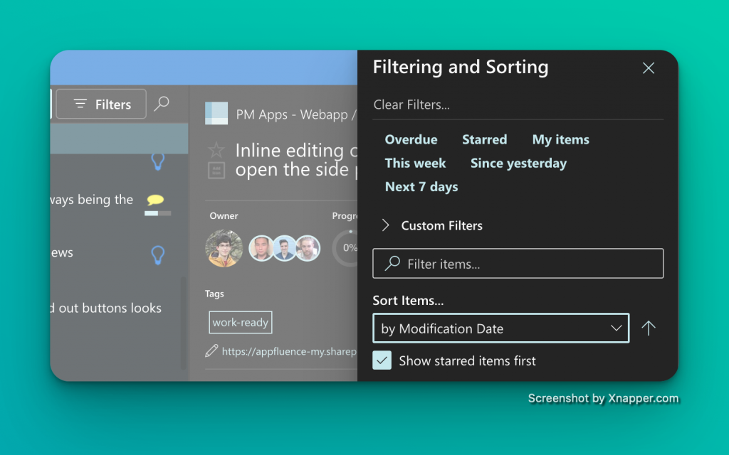 The Priority Matrix sorting and filtering panel