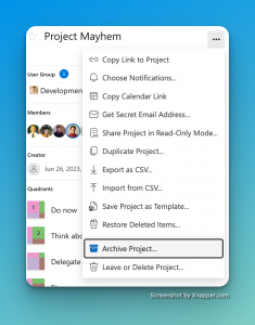 Archiving a project in Priority Matrix