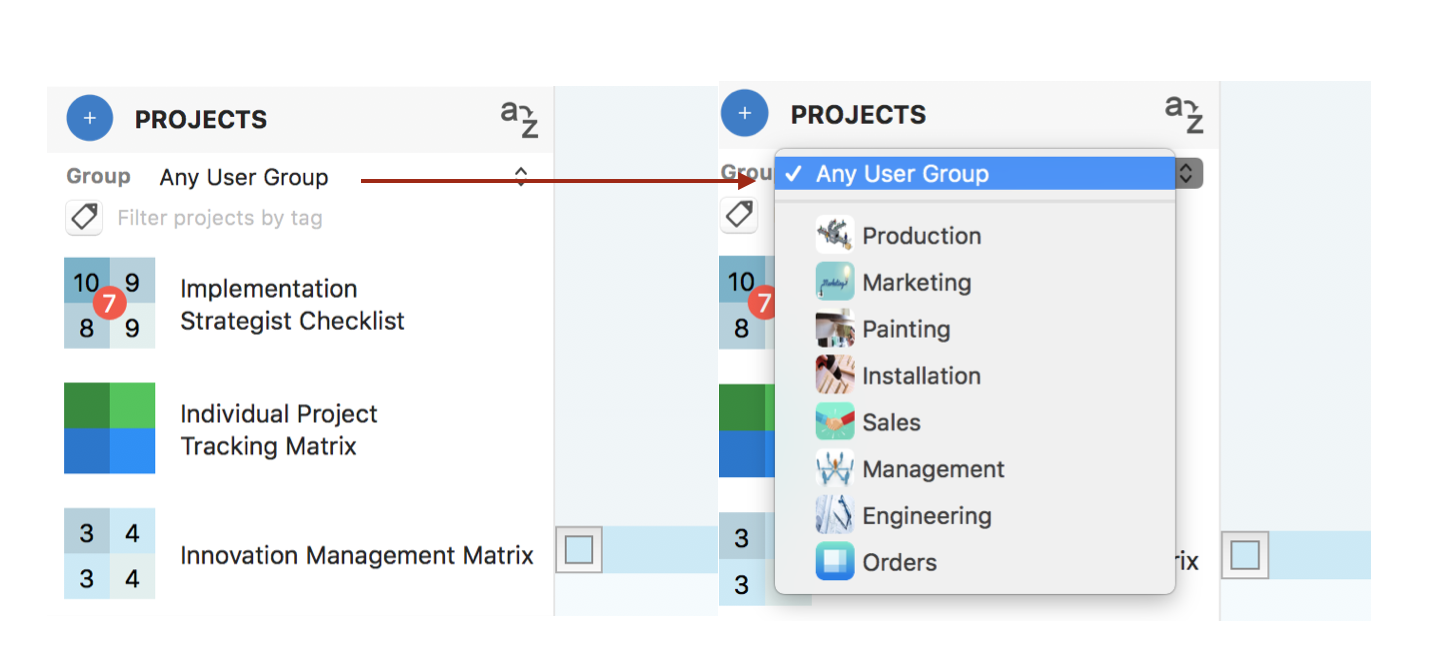 Filter projects by user groups