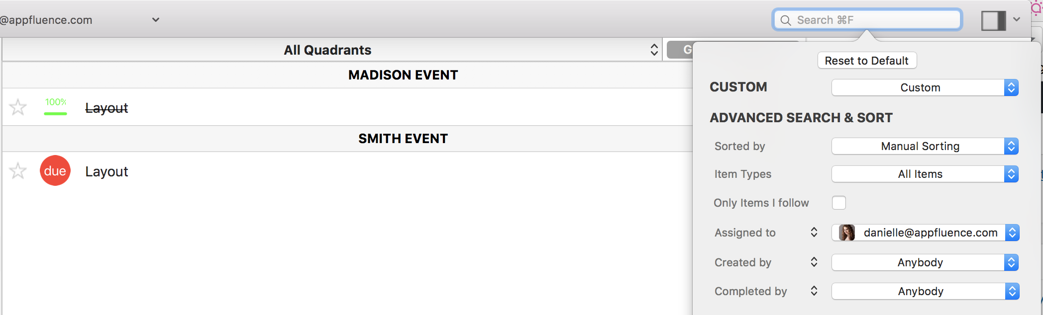 Filter tasks priority matrix