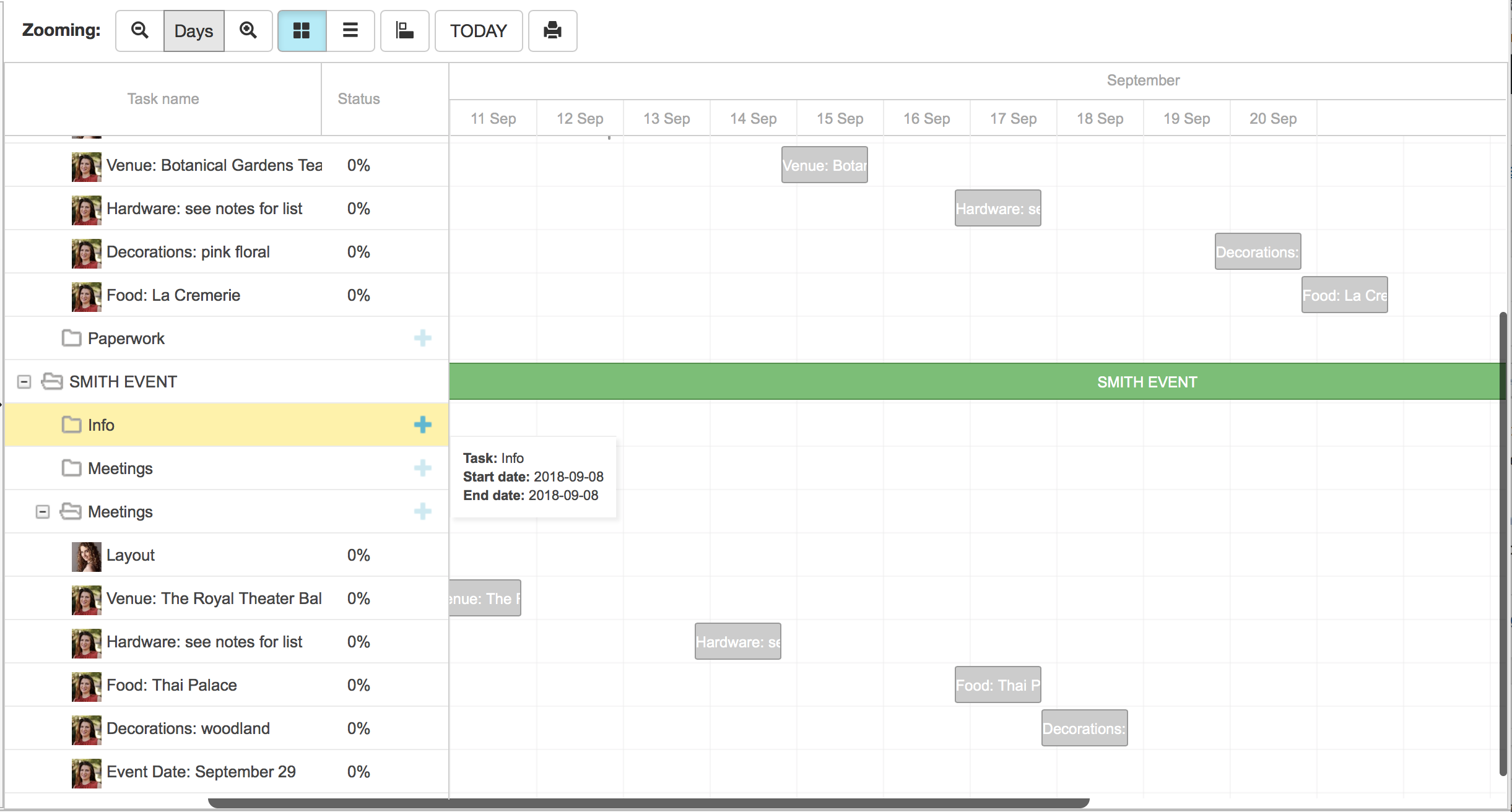 Gantt chart view Priority Matrix event planning
