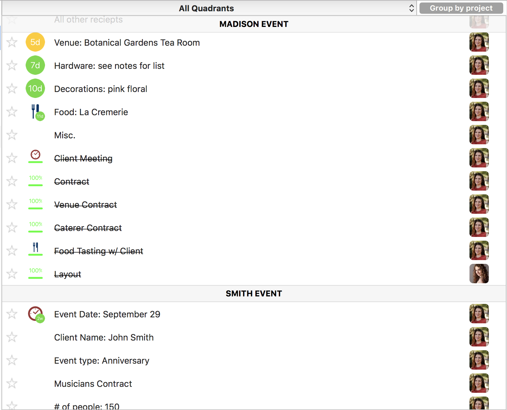 Master list view Priority Matrix for event planning