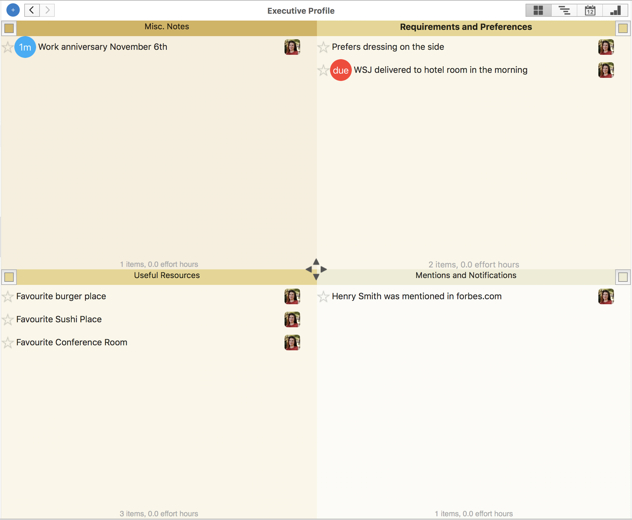 Executive assistant profile template for notes