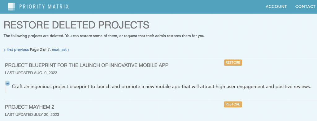 Restoring deleted projects in Priority Matrix