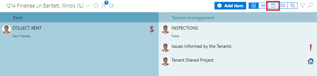 Calendar view icon on an example Property Management Project