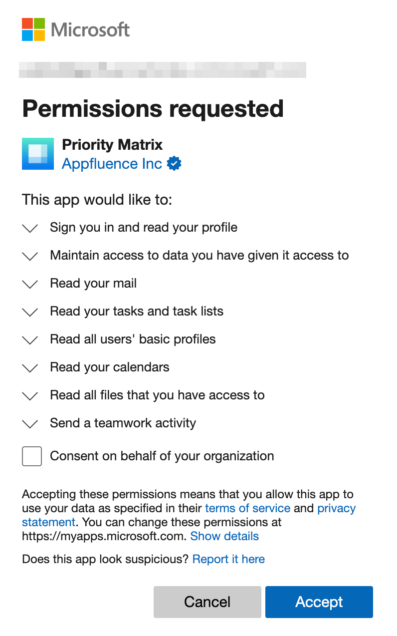 Priority Matrix requesting permission to access Microsoft data.
