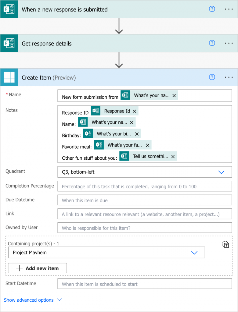 Complete Power Automate flow to capture a form into a Priority Matrix item