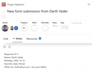 The result of submitting a Microsoft Form and capturing it as a Priority Matrix item via Power Automate