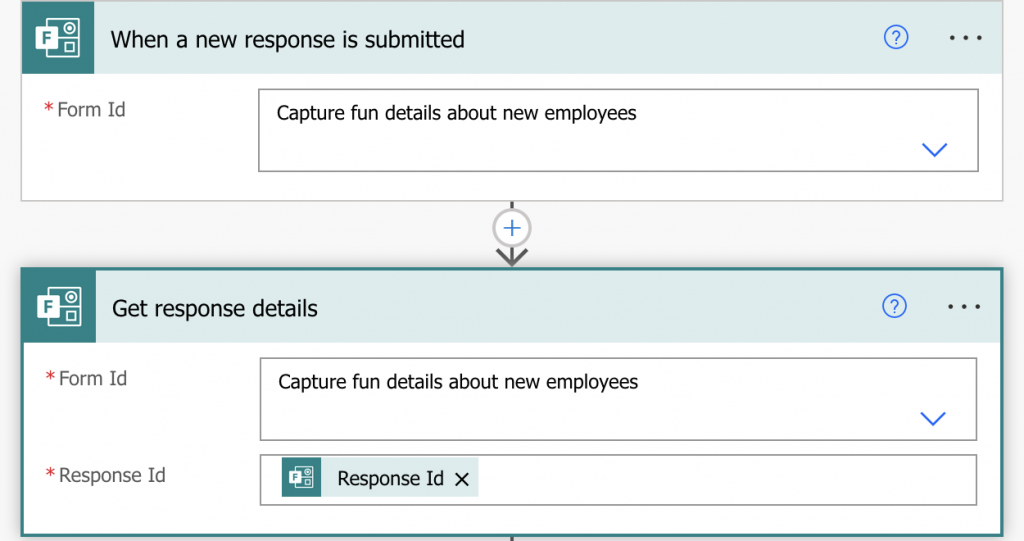 First two steps of our Power Automate flow to ingest forms