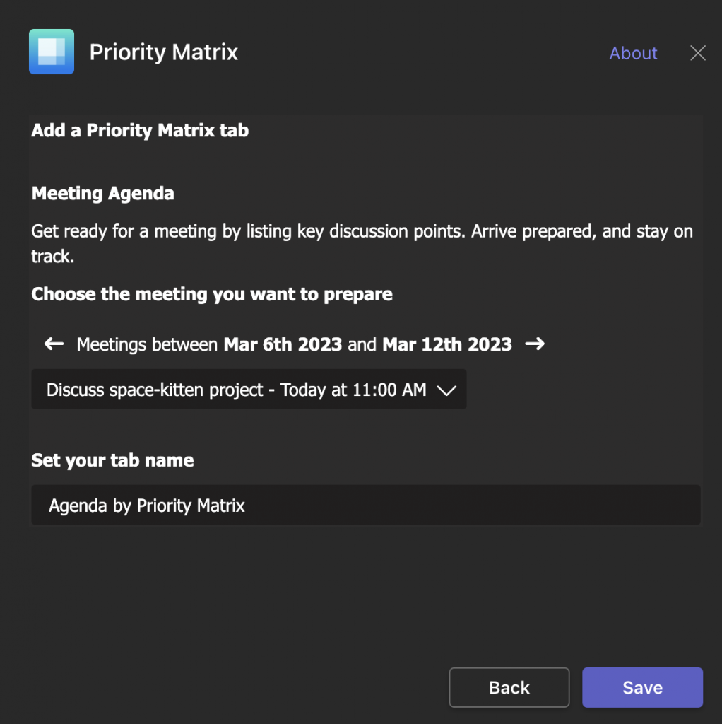 Connect Priority Matrix with the right Teams meeting
