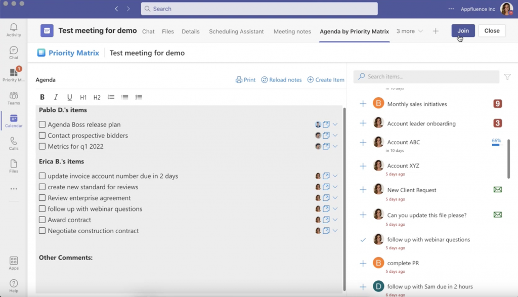 Agenda by PM during a Teams call