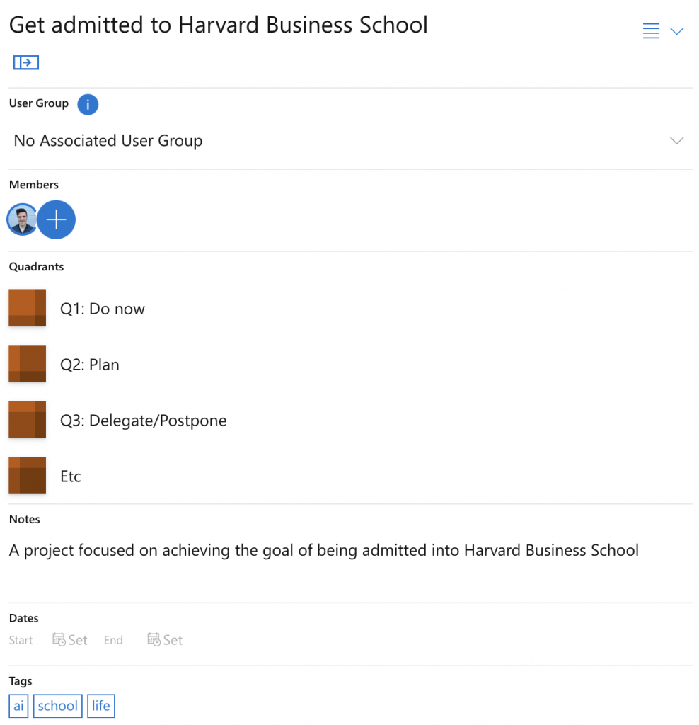 Editing the titles and colors of a Priority Matrix project