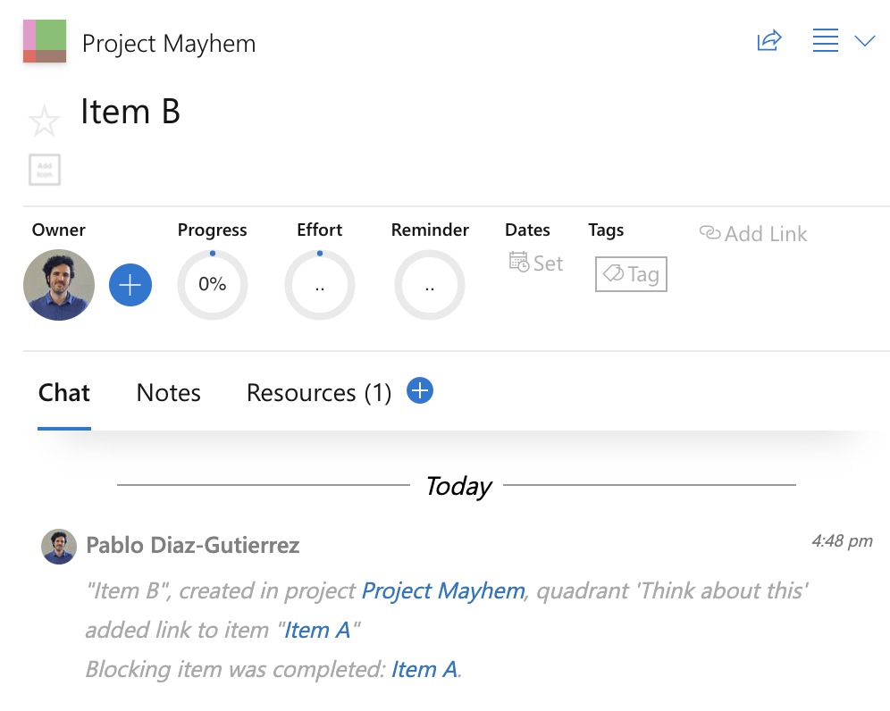 Priority Matrix notification system indicating that a blocking item is now complete