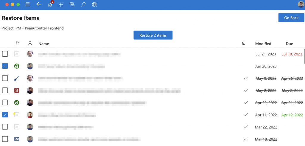 Select what items to restore from a PM project