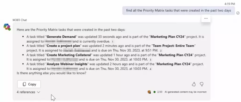 Asking M365 copilot for recently created Priority Matrix tasks