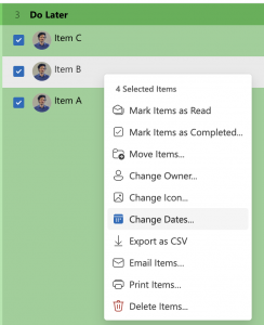 The Priority Matrix context menu for editing items in bulk