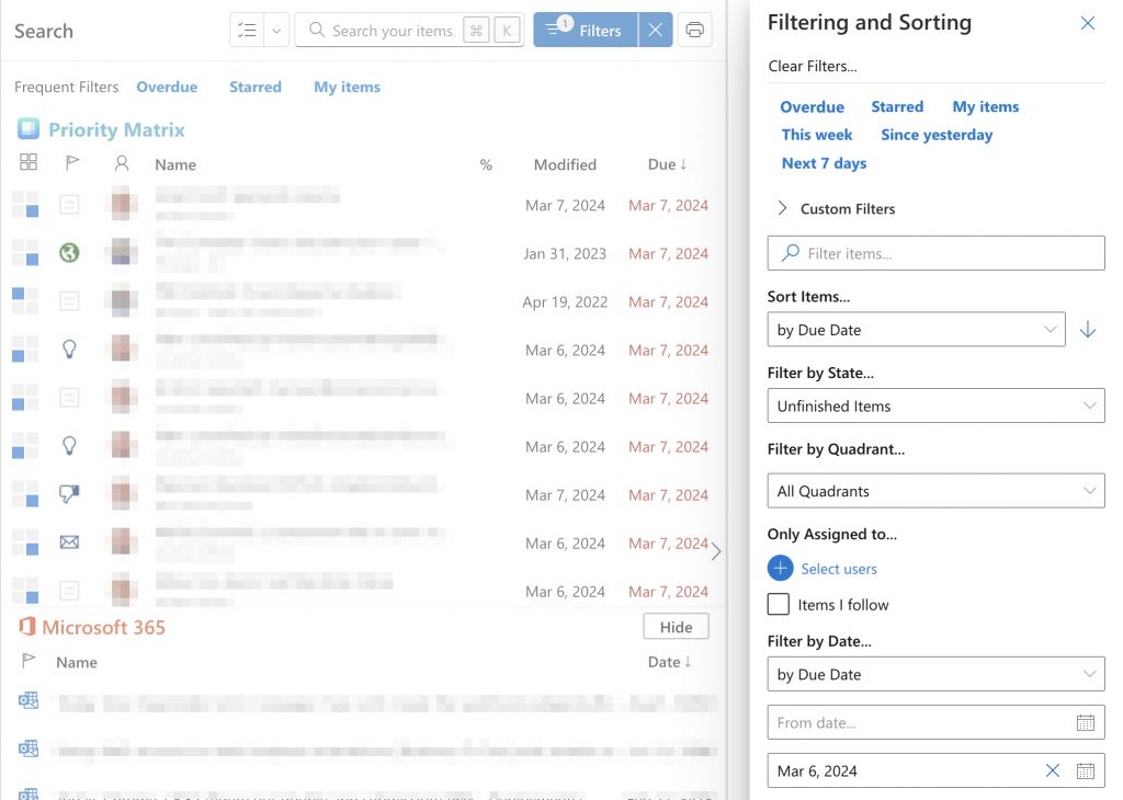 Filtering Priority Matrix items using the powerful search view.