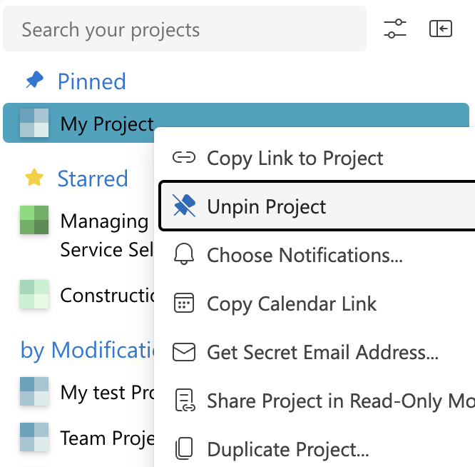 Pinning and unpinning projects in Priority Matrix