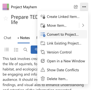 The dropdown menu showing the Convert to Project option