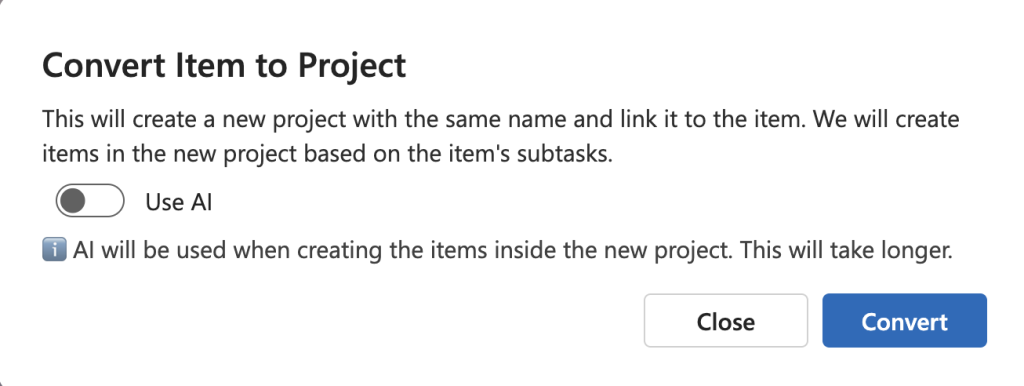 The conversion dialog box with Use AI toggle