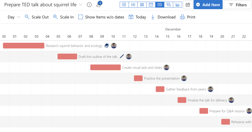 Project timeline view after conversion showing tasks scheduled across December